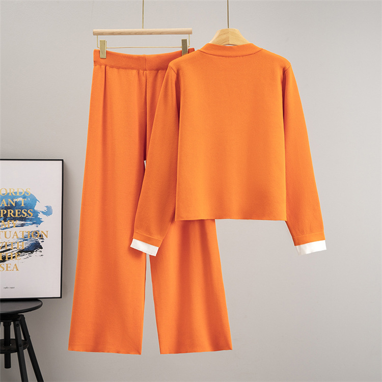 Crystal buckle coat splice sleeve long pants 2pcs set
