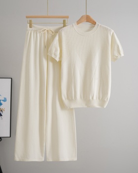 Summer tops short sleeve wide leg pants 2pcs set