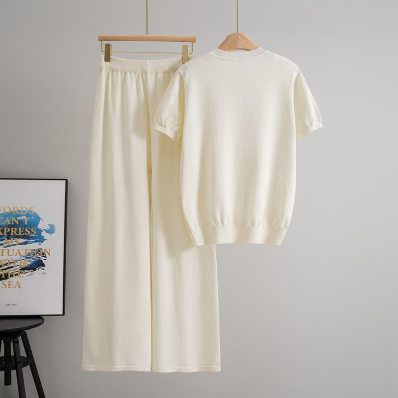 Summer tops short sleeve wide leg pants 2pcs set