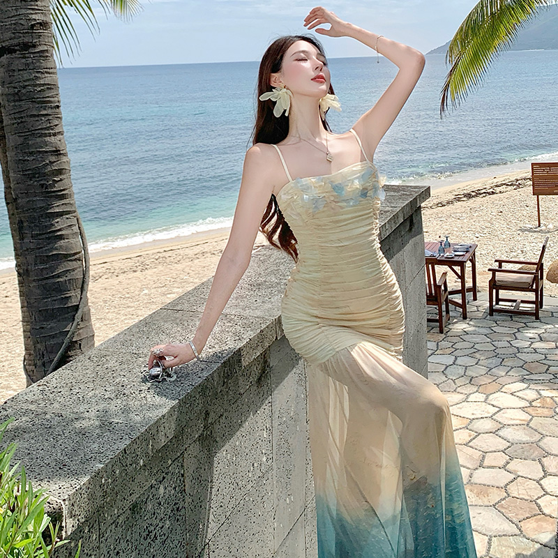 Summer printing dress sling fold long dress for women
