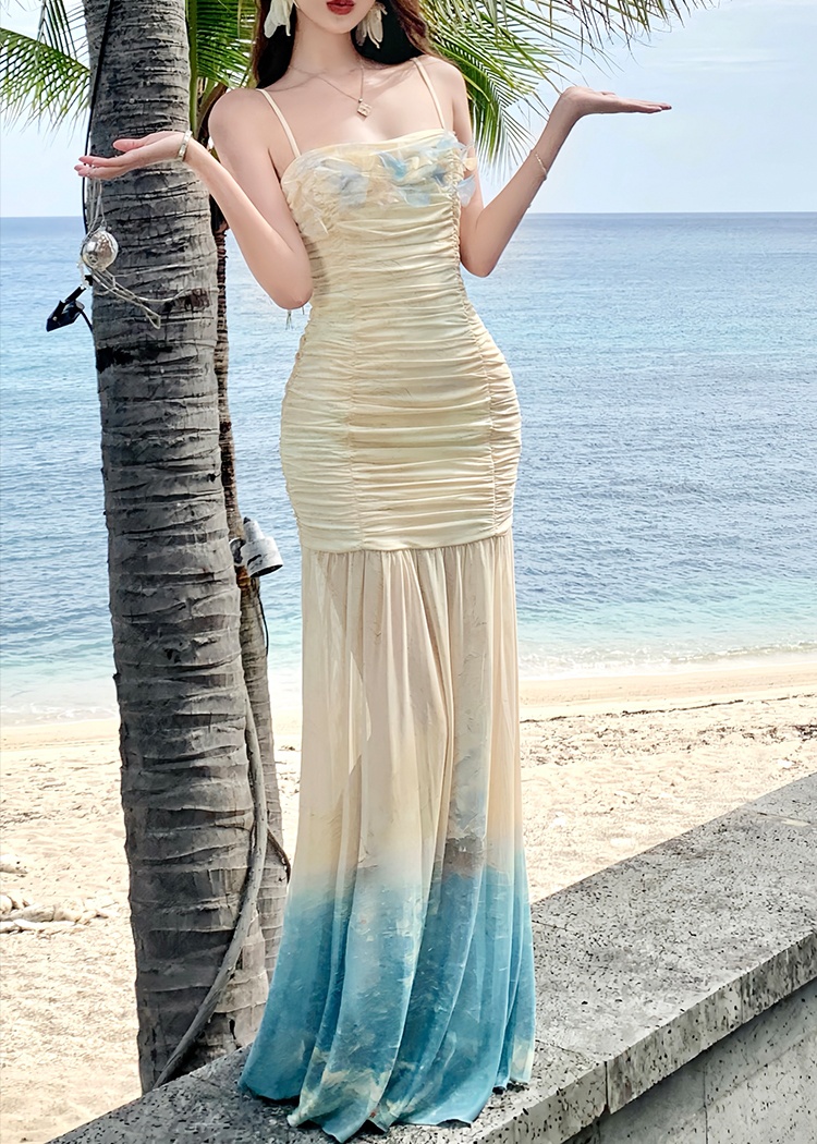 Summer printing dress sling fold long dress for women