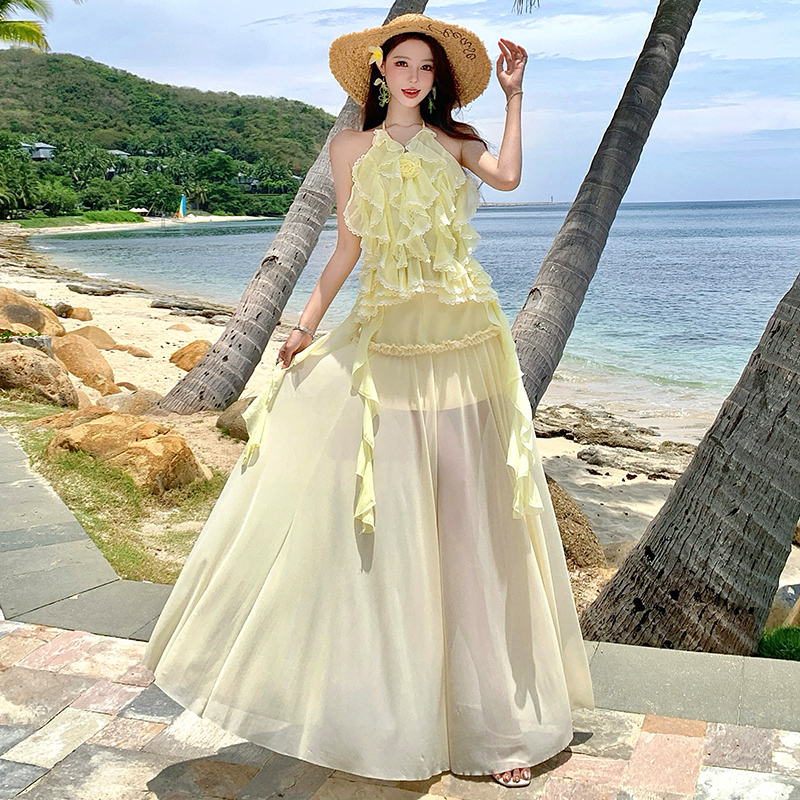 Sling spicegirl dress lotus leaf edges skirt 2pcs set