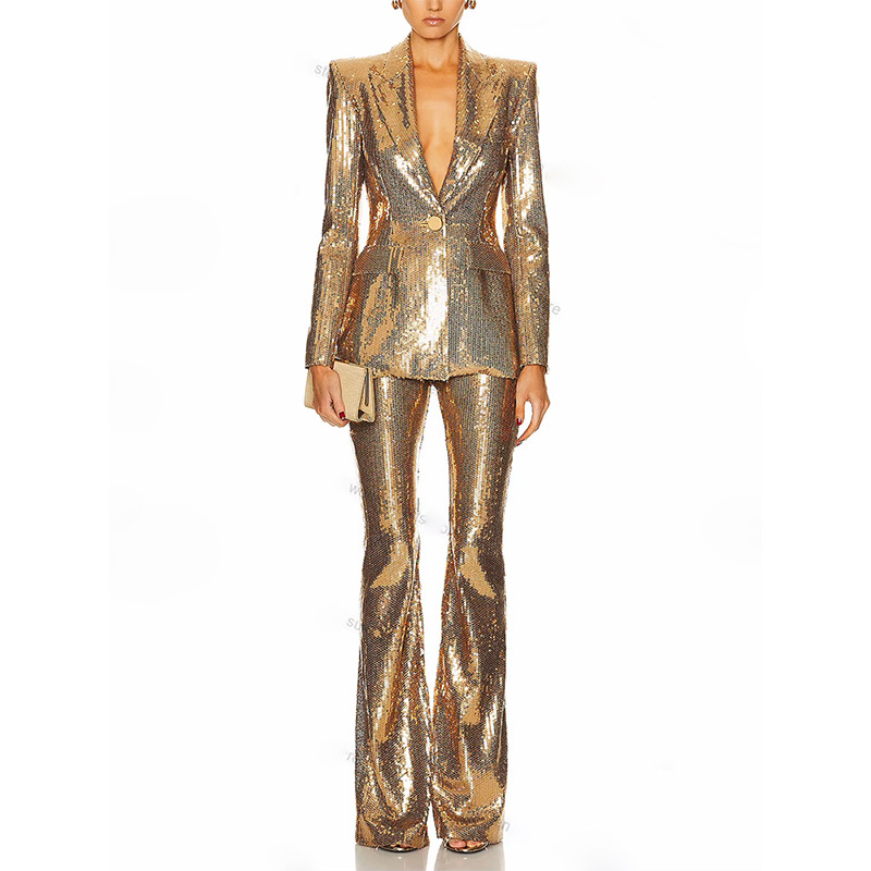 Sequins European style jacket gold fashion business suit 2pcs set