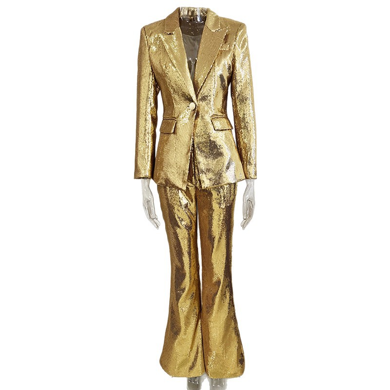 Sequins European style jacket gold fashion business suit 2pcs set
