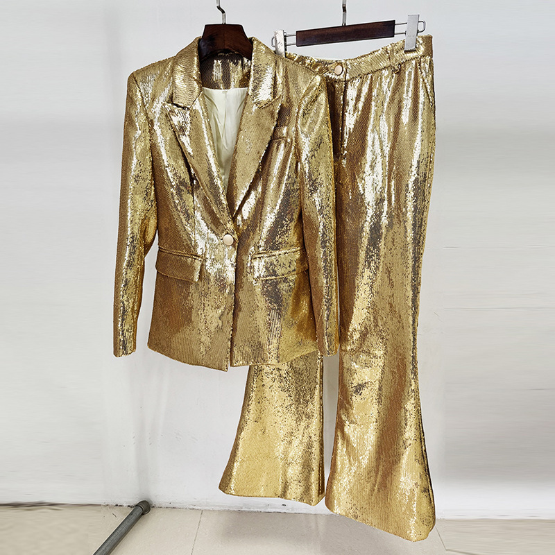 Sequins European style jacket gold fashion business suit 2pcs set