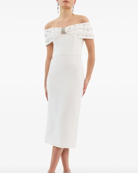 European style fashion beading long flat shoulder dress