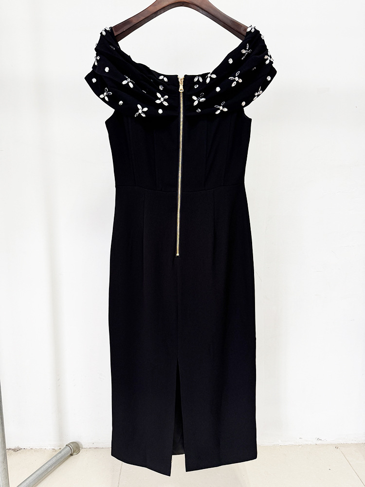 European style fashion beading long flat shoulder dress