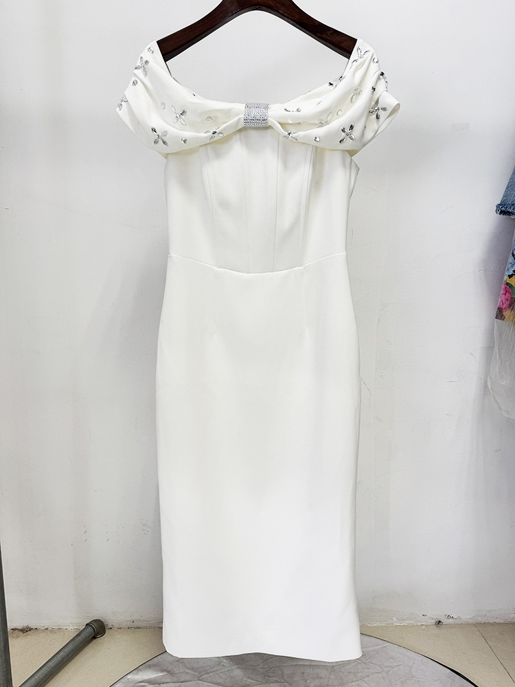 European style fashion beading long flat shoulder dress