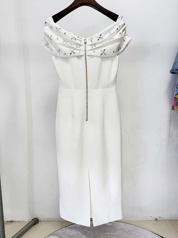European style fashion beading long flat shoulder dress