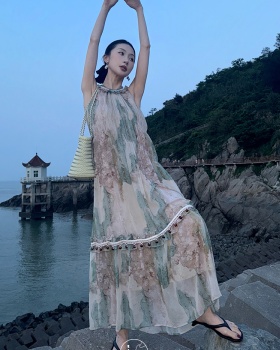 Retro summer printing long dress sleeveless halter dress