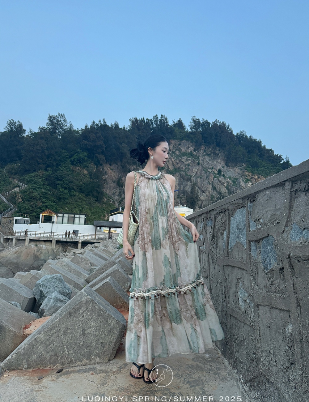 Retro summer printing long dress sleeveless halter dress
