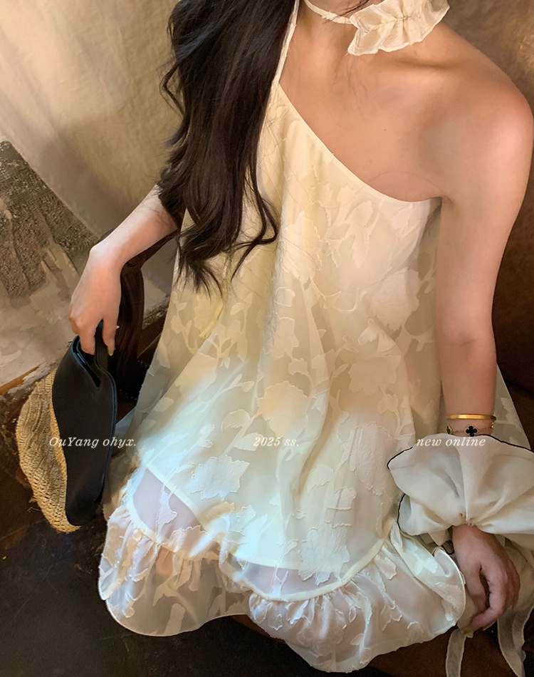 Lotus leaf edges sling sloping shoulder dress