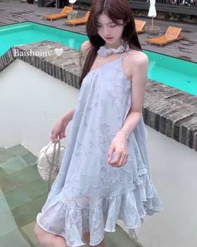 Irregular summer seaside sling blue dress for women
