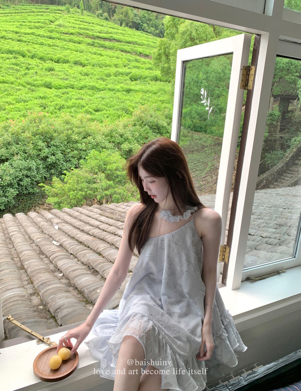 Irregular summer seaside sling blue dress for women