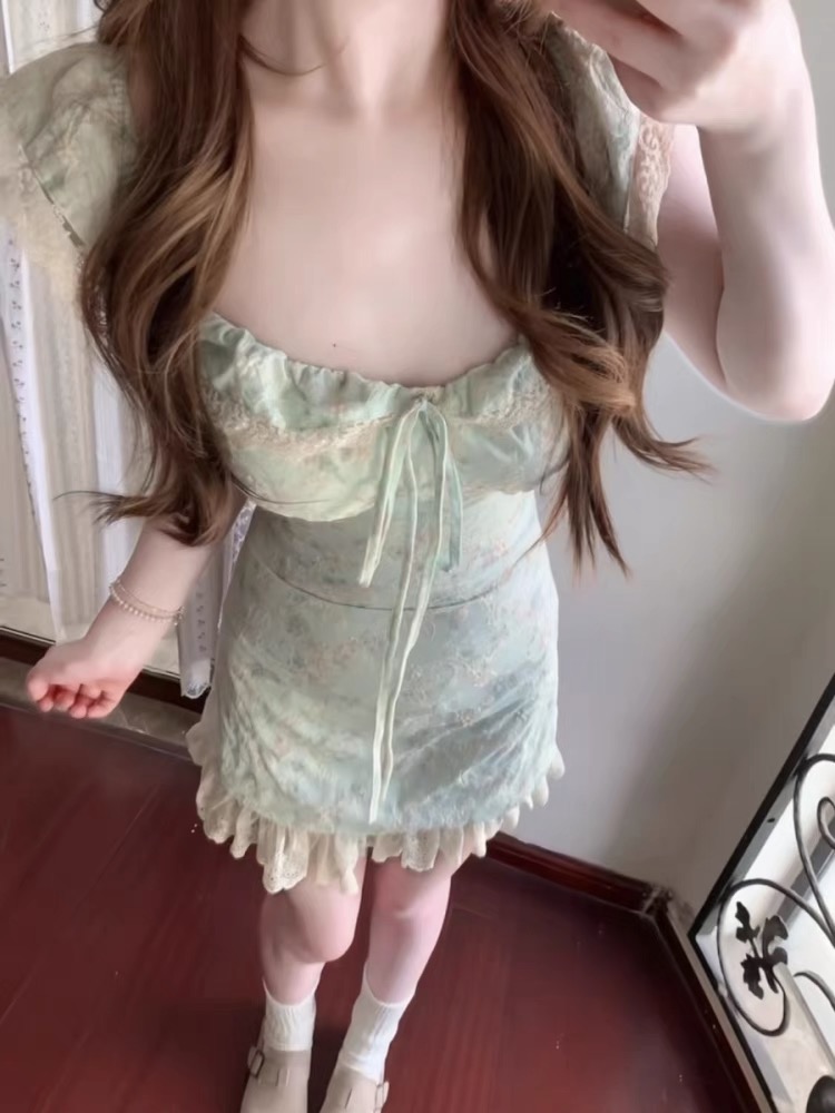 Floral summer thick and disorderly boats sleeve sling dress