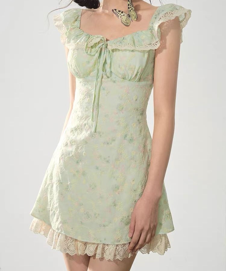 Floral summer thick and disorderly boats sleeve sling dress