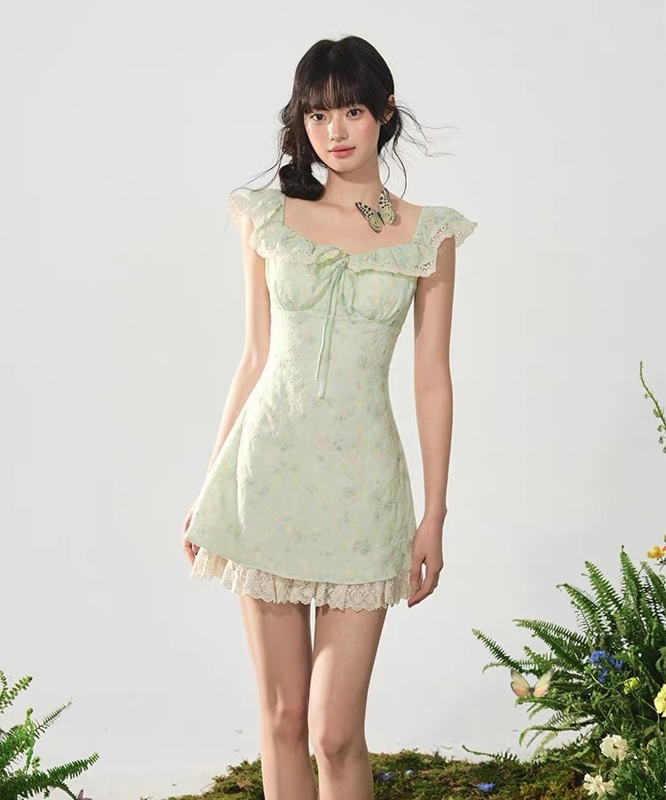 Floral summer thick and disorderly boats sleeve sling dress