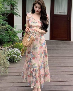 Slim lotus leaf edges France style retro dress for women