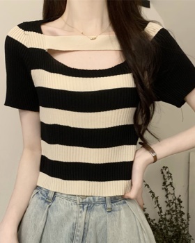 Short sleeve stripe knitted tops summer square collar T-shirt