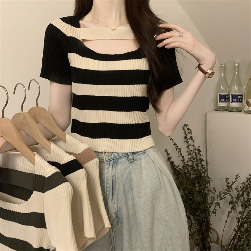 Short sleeve stripe knitted tops summer square collar T-shirt