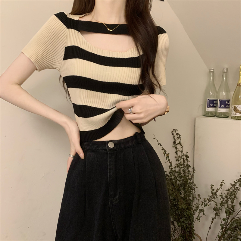 Short sleeve stripe knitted tops summer square collar T-shirt