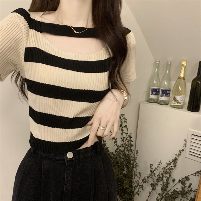Short sleeve stripe knitted tops summer square collar T-shirt