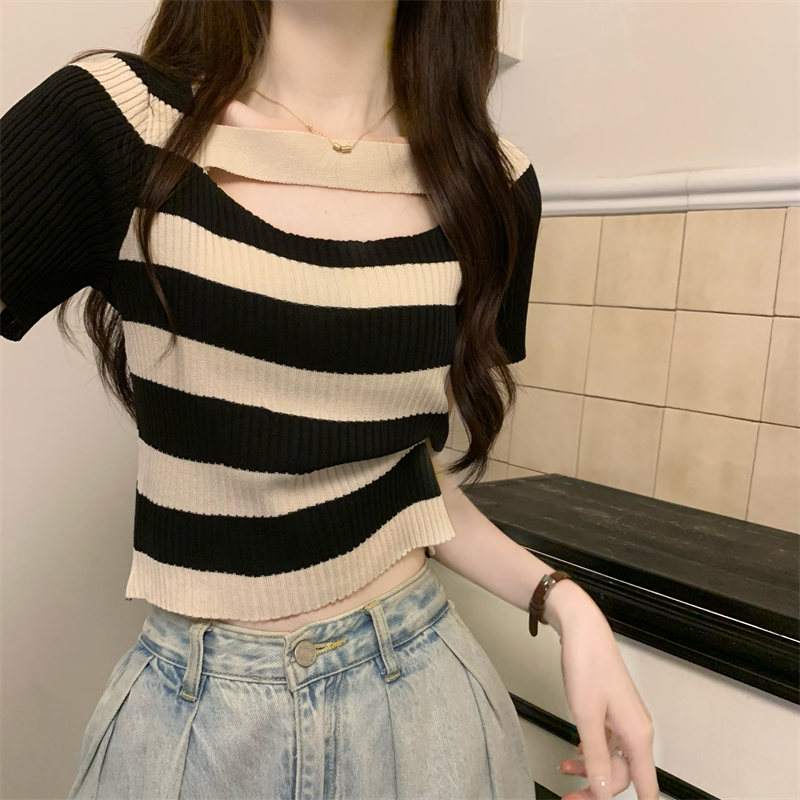 Short sleeve stripe knitted tops summer square collar T-shirt