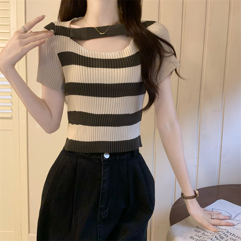 Short sleeve stripe knitted tops summer square collar T-shirt