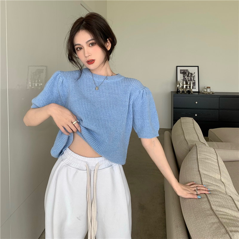 Niche retro tender sweater puff sleeve short sleeve tops