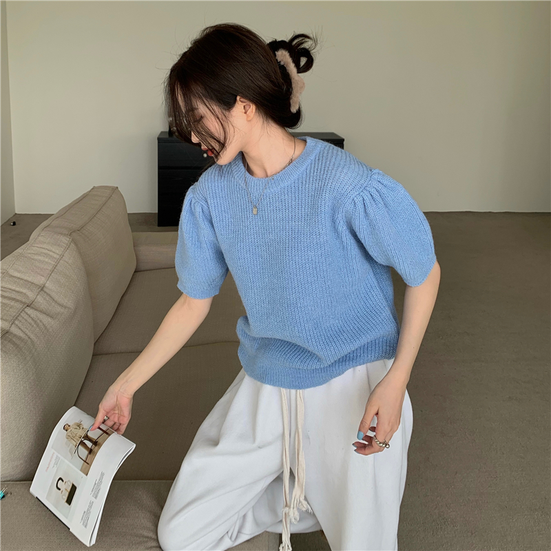 Niche retro tender sweater puff sleeve short sleeve tops