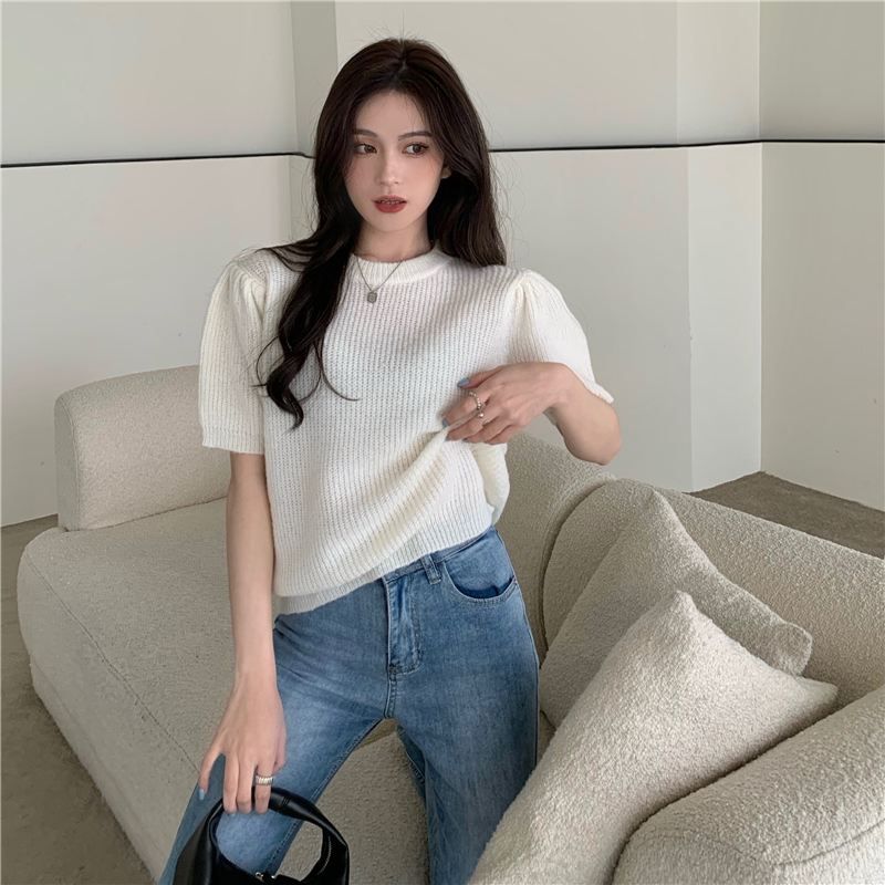 Niche retro tender sweater puff sleeve short sleeve tops
