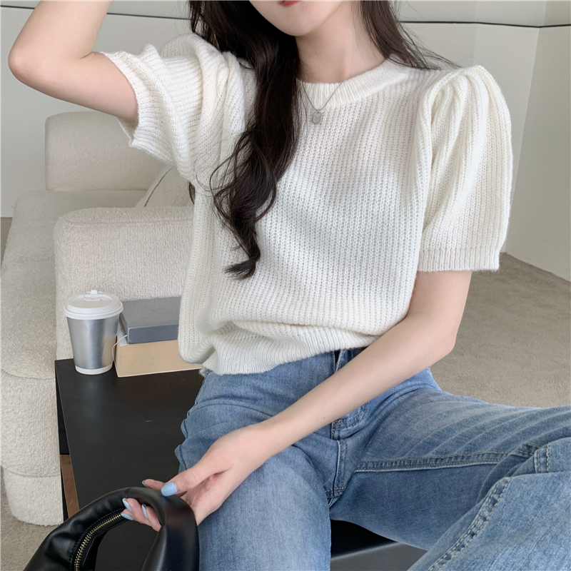 Niche retro tender sweater puff sleeve short sleeve tops