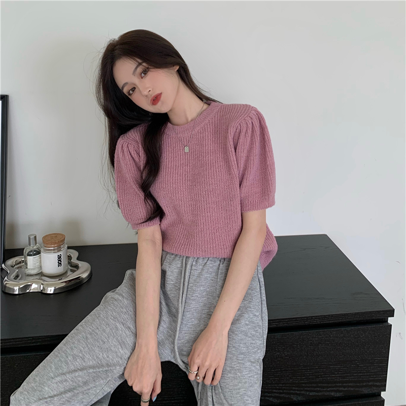 Niche retro tender sweater puff sleeve short sleeve tops