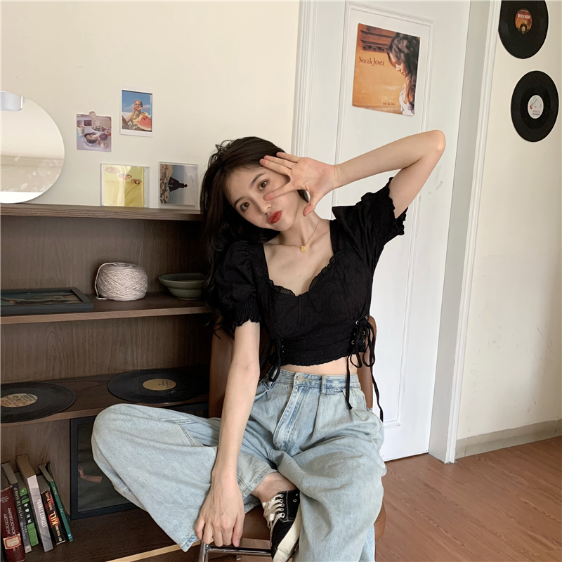 Frenum slim square collar shirt drawstring pinched waist tops