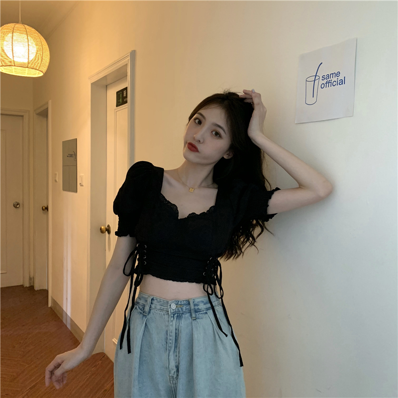 Frenum slim square collar shirt drawstring pinched waist tops