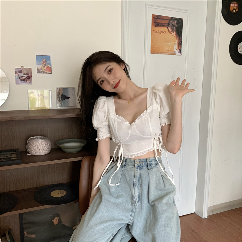 Frenum slim square collar shirt drawstring pinched waist tops