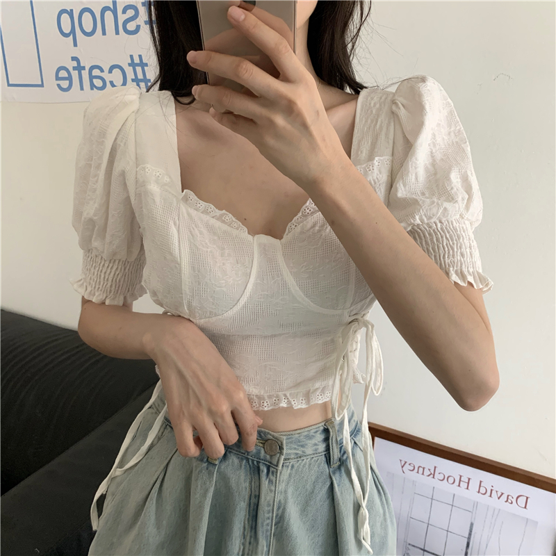 Frenum slim square collar shirt drawstring pinched waist tops