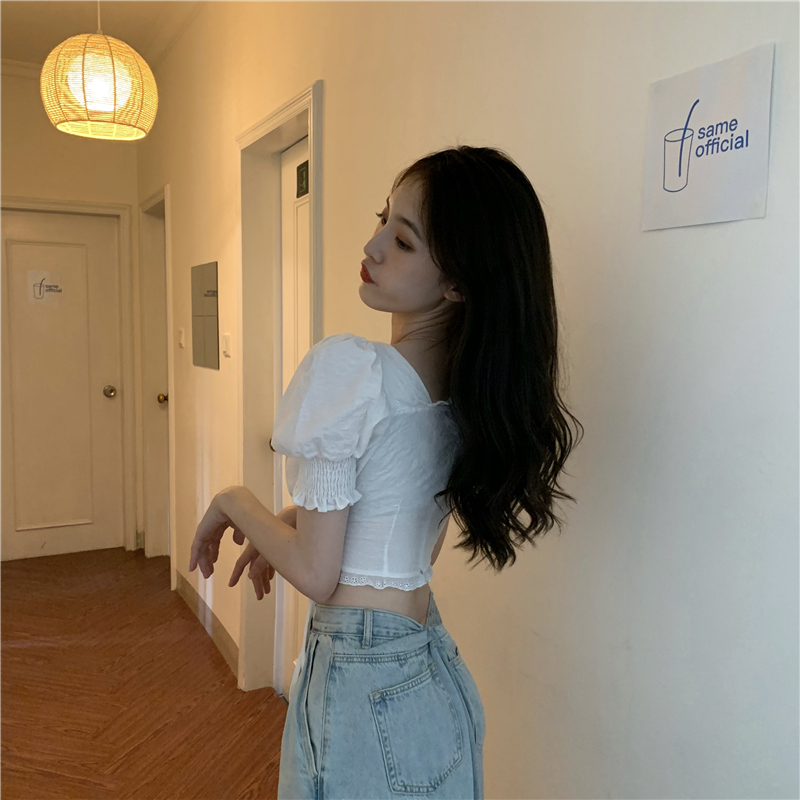 Frenum slim square collar shirt drawstring pinched waist tops
