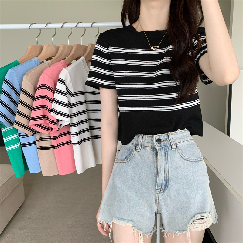 Simple knitted summer tops Korean style slim stripe T-shirt