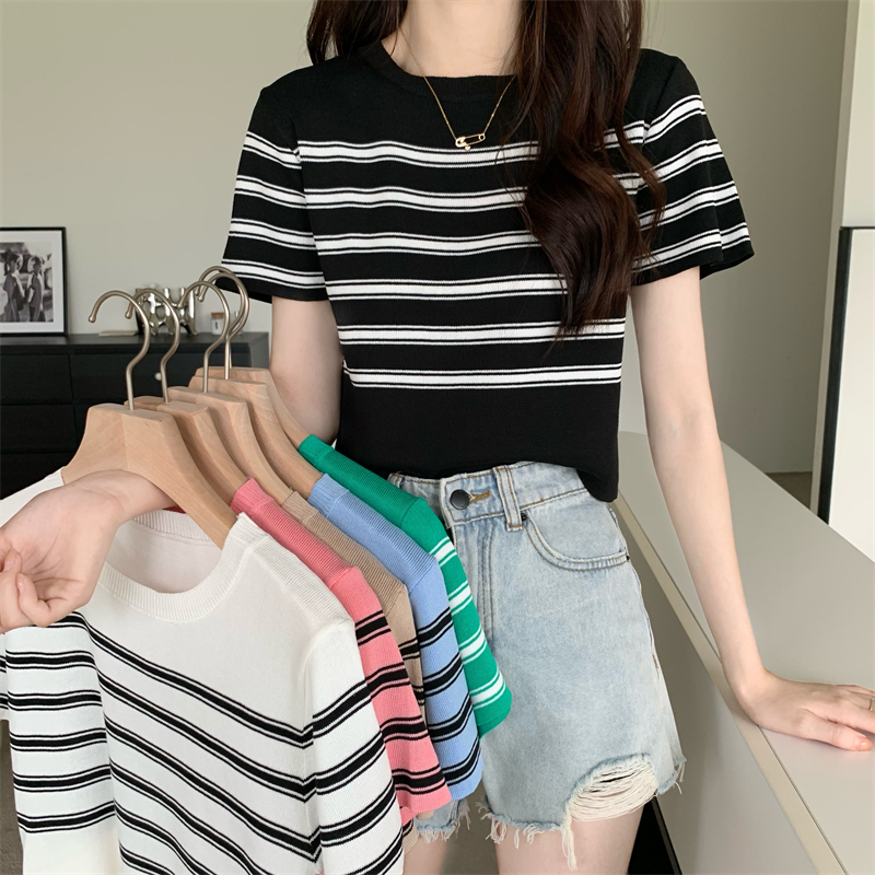 Simple knitted summer tops Korean style slim stripe T-shirt