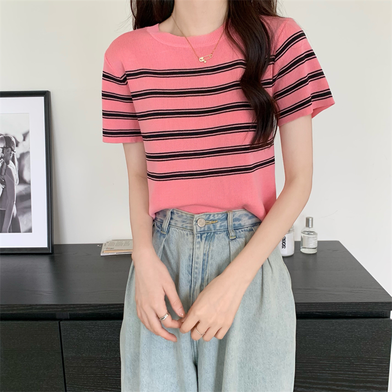 Simple knitted summer tops Korean style slim stripe T-shirt