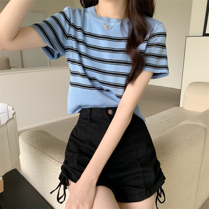 Simple knitted summer tops Korean style slim stripe T-shirt