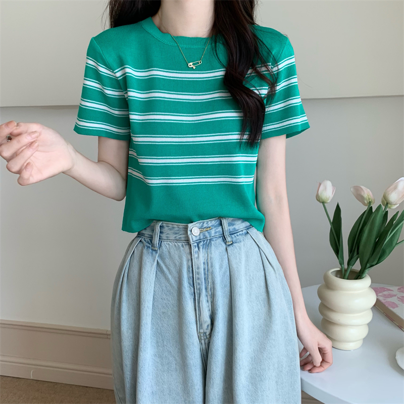 Simple knitted summer tops Korean style slim stripe T-shirt