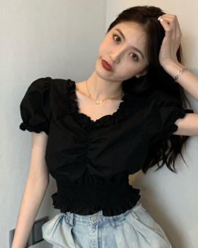 Lace pinched waist short shirt puff sleeve retro tops
