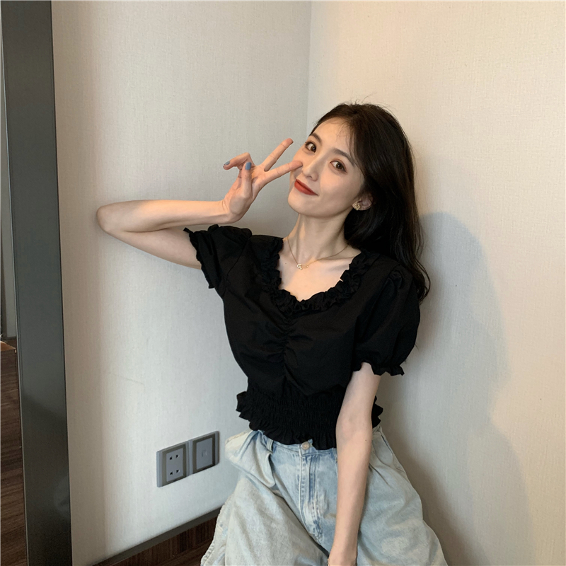 Lace pinched waist short shirt puff sleeve retro tops