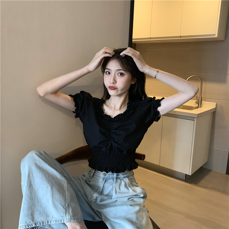 Lace pinched waist short shirt puff sleeve retro tops
