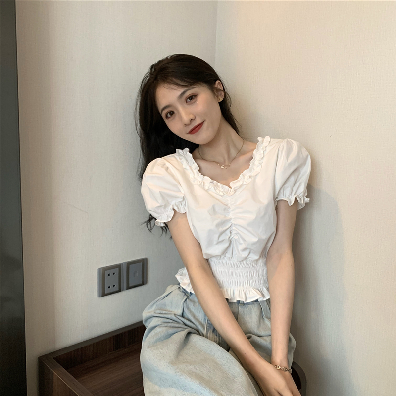 Lace pinched waist short shirt puff sleeve retro tops