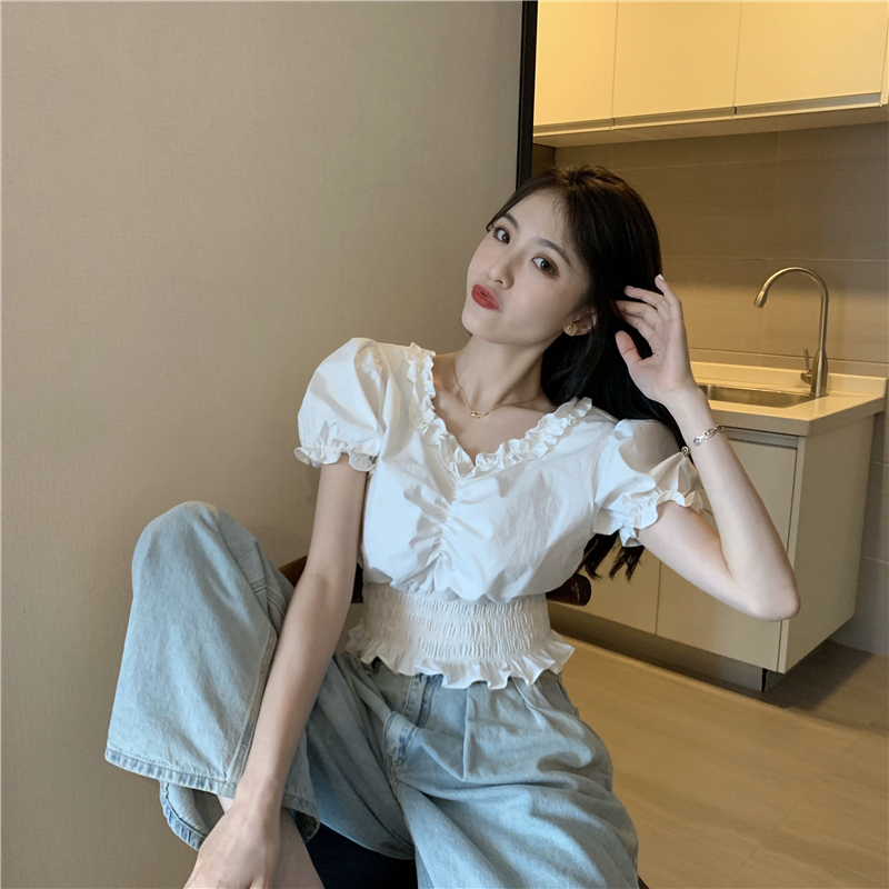 Lace pinched waist short shirt puff sleeve retro tops