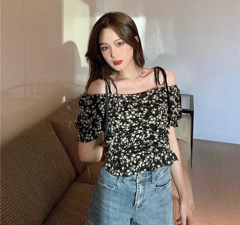 Chiffon puff sleeve summer floral sexy tops