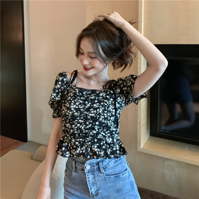 Chiffon puff sleeve summer floral sexy tops